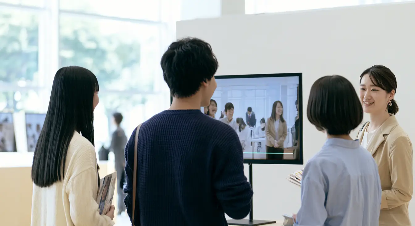 合同企業説明会のブースで、学生たちがディスプレイに流れる採用動画に足を止め、社員の働く様子に見入っている