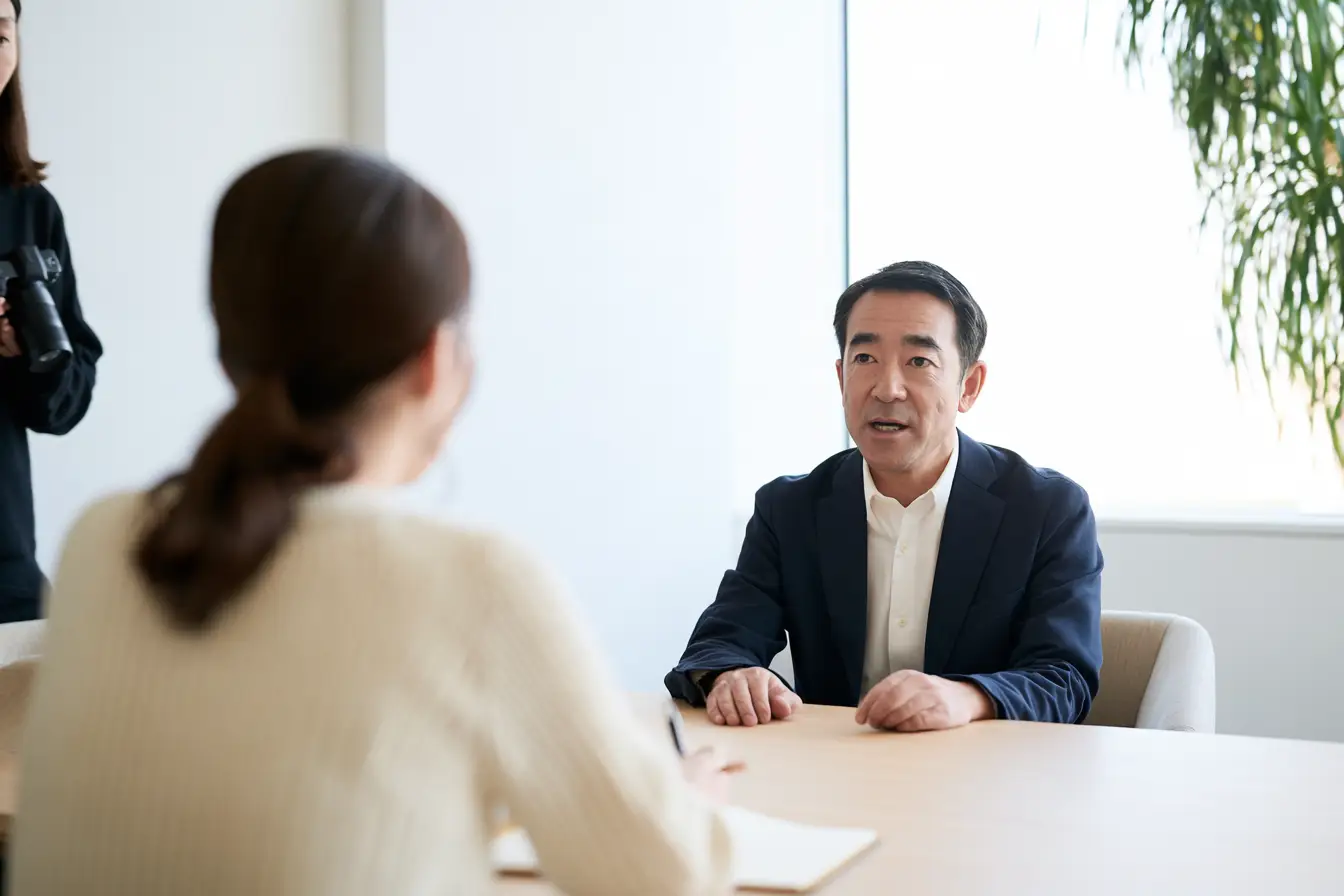 採用記事の取材で、窓際の会議室に向かい合って座る経営者が、自社の理念や働く意義についてインタビュアーに語っている