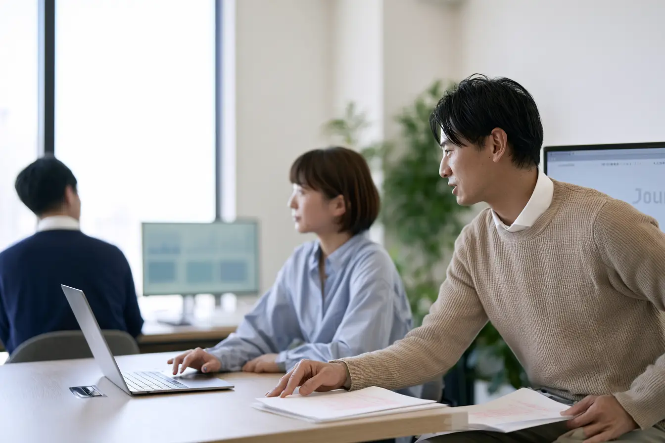 採用オウンドメディアの編集チームが、記事の編集や原稿の相談、閲覧データの確認をしながら、メディアを運用しているオフィスの様子