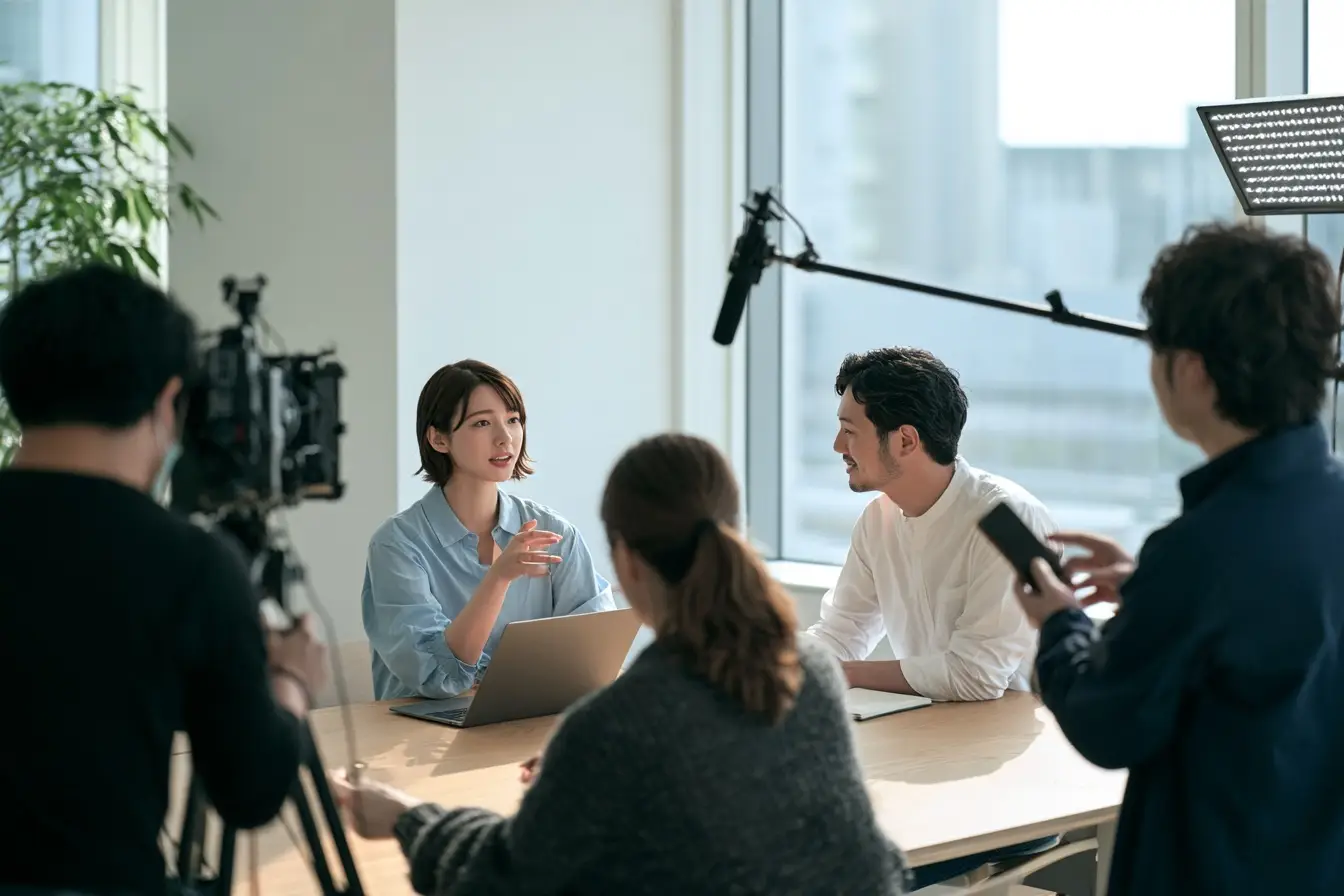 採用動画の撮影で、カメラマン、録音担当、ディレクターが、オフィスの窓際で打ち合わせをする社員の自然な姿を撮影している様子